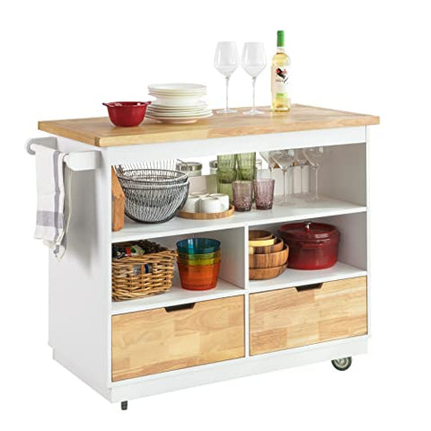 Rootz Kitchen Cabinet Cupboard Sideboard Kitchen Island Kitchen Storage Trolley with Rubber Wood Worktop