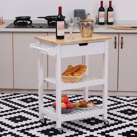 Rootz Kitchen trolley - Serving trolley - Kitchen trolley - Drawer - Shelves - Handle - Wood - 64 x 39 x 84.5 cm - White - Natural Color