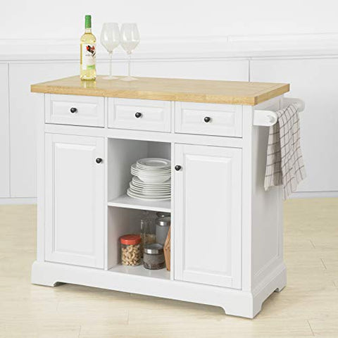 Rootz Kitchen Storage Trolley Kitchen Cabinet Cupboard Sideboard Kitchen Island with 3 Drawers 2 Open Shelves 2 Doors