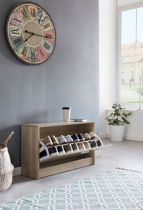 Rootz Shoe Rack Wood - Sonoma Oak - Small Closed Floor Bench - Narrow Hallway Bench with Storage - Single Bench Shoe Cabinet - 80 x 47 x 24 cm
