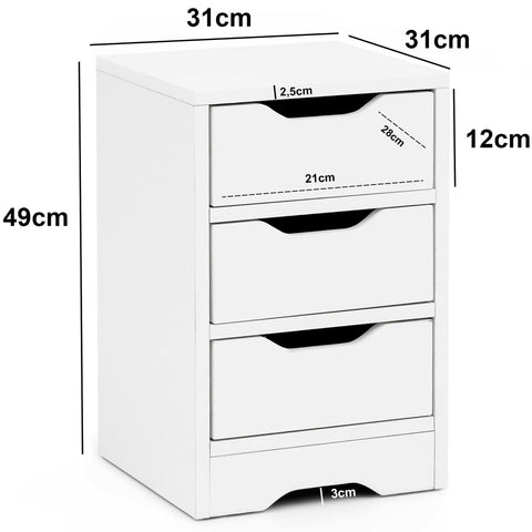 Rootz Nachtconsole - Mat 3 Laden - Nachtkastje met Opbergruimte - Wit - 31x49x31cm