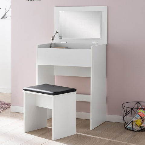 Rootz Dressing Table - Modern Wood Console Table with Stool and Mirror - White - 60x81x40cm