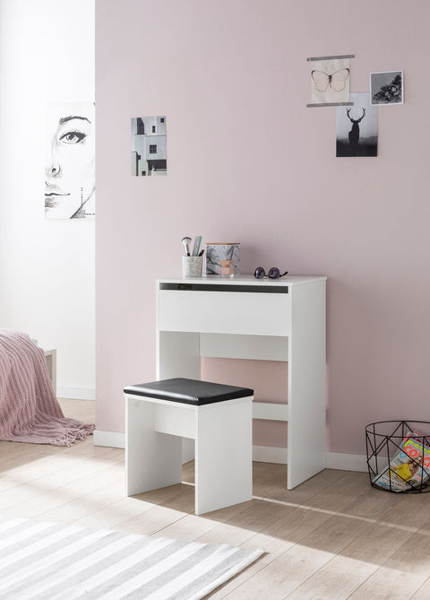 Rootz Dressing Table - Modern Wood Console Table with Stool and Mirror - White - 60x81x40cm