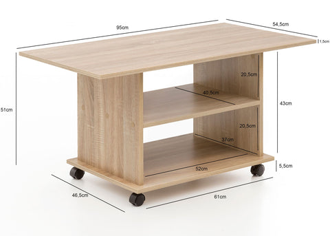 Rootz Drehbarer Couchtisch – Sonoma – Rollen – Design mit Stauraum – 95 x 51 x 54,5 cm