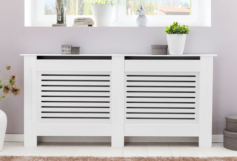 Rootz Radiator Cover - Matt Design Heater Panel - Wood Slats - Protection for Heating Radiator - White - 152x83x19cm