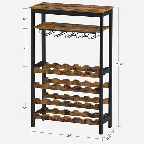 Rootz Wijnrek met Glashouders - Wijnhouder - Flessenrek - Staand - Industrieel - Bruin en Zwart - 66 x 30 x 100 cm