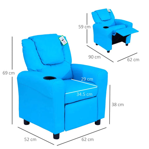 Rootz Children's Armchair - Mini Armchair - Children's Sofa - Recliner Armchair - Reclining Function - Built-in Cup Holder - Blue - 62 x 52 x 69 cm