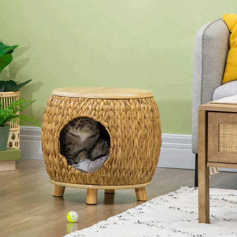 Rootz Water Hyacinth Grass Cat Cave - Rattan Cat House - Washable Cushion - Tan + Natural Wood + Grey - 44cm x 43cm x 42cm