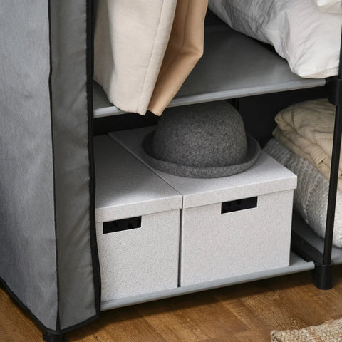Rootz Fabric Wardrobe - Portable Fabric Cabinet - Foldable Coat Rack - 4 Shelves - 2 Hanging Rails - Steel+Non-woven - Light Grey -  118 x 49 x 170 cm