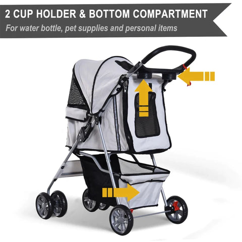 Rootz Dog Stroller - Pet Stroller - Dog Buggy - Foldable Pet Stroller - Dog Travel Buggy - Compact Pet Carriage - Silver - 75L x 45W x 97H cm