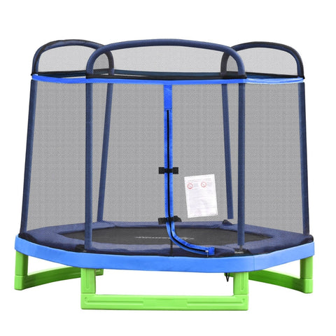 Rootz Kindertrampolin – Kindertrampolin mit Sicherheitsnetz – Kleinkindtrampolin für drinnen und draußen – Fitnesstrampolin – Gartentrampolin – Blau/Grün – 215 x 200 x 190 cm