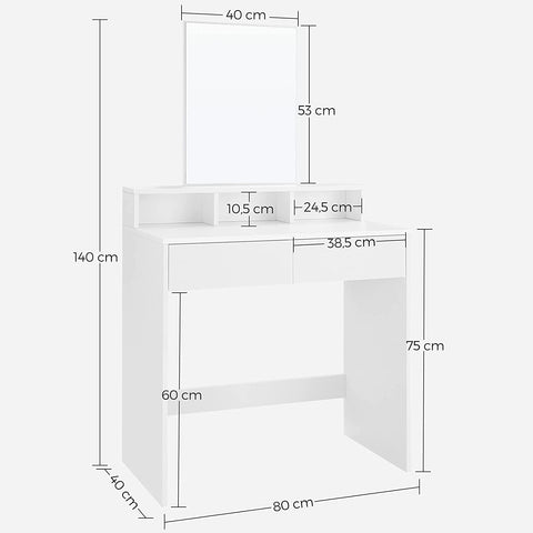 Rootz Dressing Table - Comestica Table - Make-Up Table - 2 Drawers - Mirror - Open Compartments - Processed Wood - White - 80 x 40 x 140 cm