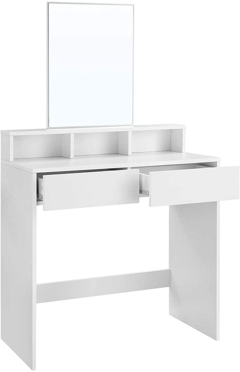 Rootz Dressing Table - Comestica Table - Make-Up Table - 2 Drawers - Mirror - Open Compartments - Processed Wood - White - 80 x 40 x 140 cm