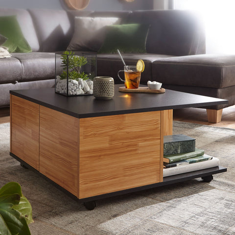 Rootz Couchtisch – Anthrazit und Sandeiche – Wohnzimmertisch mit 2 Schubladen und Rollen – Tisch mit 2 Fächern – 70 x 70 cm 