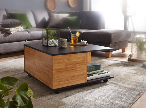 Rootz Couchtisch – Anthrazit und Sandeiche – Wohnzimmertisch mit 2 Schubladen und Rollen – Tisch mit 2 Fächern – 70 x 70 cm 