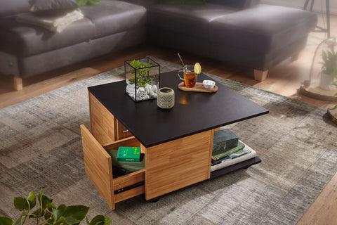 Rootz Couchtisch – Anthrazit und Sandeiche – Wohnzimmertisch mit 2 Schubladen und Rollen – Tisch mit 2 Fächern – 70 x 70 cm 