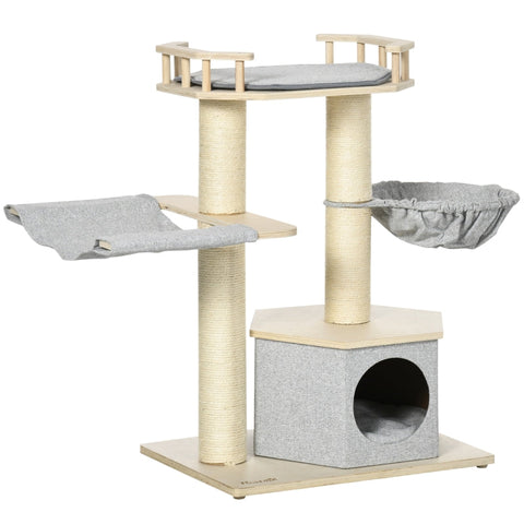 Rootz Scratching Post - 2 Hammocks House - Rimmed Platform - Washable Cushions - Grey - 59.5 x 45 x 89cm