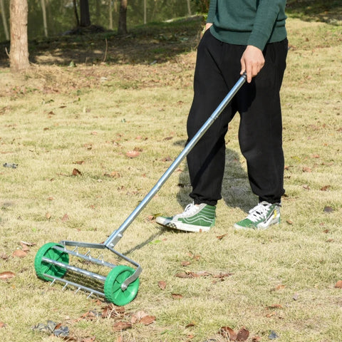 Rootz Gazonroller - Gazonbeluchter - Handvat in lengte verstelbaar - Handverticuteermachine - Spiked Roller Gazon - Onderhoudstuin - Groen + Zilver - 139 x 43,5 x 15 cm