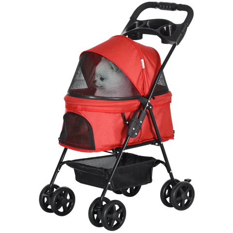 Rootz Pet Stroller - Foldable Cat Dog Pushchair - Pet Travel Carriage with 4 Wheels - Adjustable Canopy - Safety Leashes - Storage Basket and Cup Holder for Small Dogs - Red - 67 x 45 x 96 cm