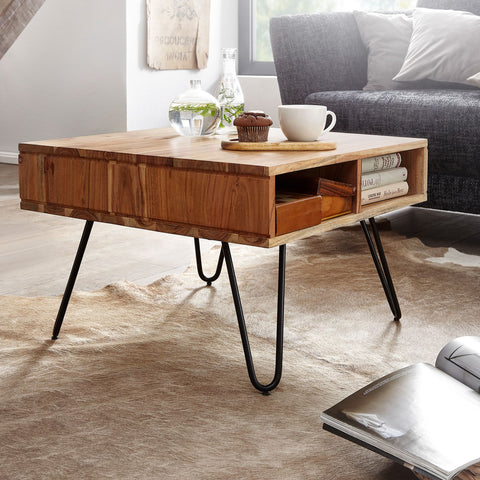 Eckiger Couchtisch von Rootz – Design aus massivem Akazienholz und Metall – Quadratischer brauner Holztisch mit Stauraum – 60 x 40 x 60 cm 