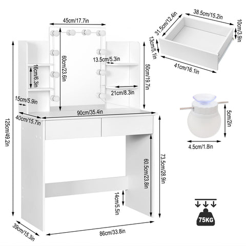 Rootz Vanity Table - Dressing Desk - Makeup Station - Beauty Counter - Cosmetic Stand - Glamour Desk - White - 41.1x20.3x6.1inches