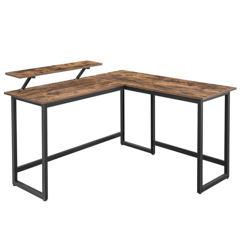 Rootz L-vormig bureau met schermstandaard voor studeren, gamen, werken - verstelbare poten - metalen frame - rustiek bruin - (140 x 130 x 76/91,5 cm)