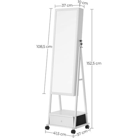 Rootz Sieraden Spiegel - Spiegelkast - Sieraden Organizer - Lade - Op Wieltjes - Wit - MDF - 37 x 10 x 108,5 cm