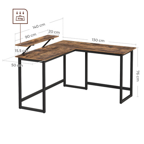 Rootz L-vormig bureau met schermstandaard voor studeren, gamen, werken - verstelbare poten - metalen frame - rustiek bruin - (140 x 130 x 76/91,5 cm)
