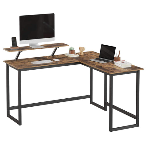 Rootz L-vormig bureau met schermstandaard voor studeren, gamen, werken - verstelbare poten - metalen frame - rustiek bruin - (140 x 130 x 76/91,5 cm)
