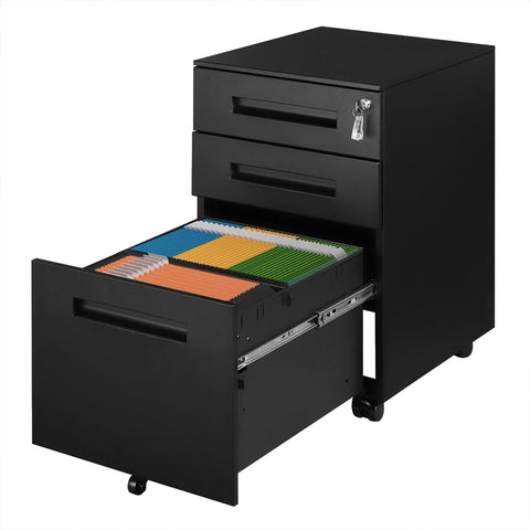 Rootz Rolling Office Cabinet - Mobile Filing System - Document Storage - Secure Drawer Unit - Portable Organizer - File Holder - Black - 45x60x39cm