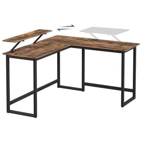 Rootz L-vormig bureau met schermstandaard voor studeren, gamen, werken - verstelbare poten - metalen frame - rustiek bruin - (140 x 130 x 76/91,5 cm)
