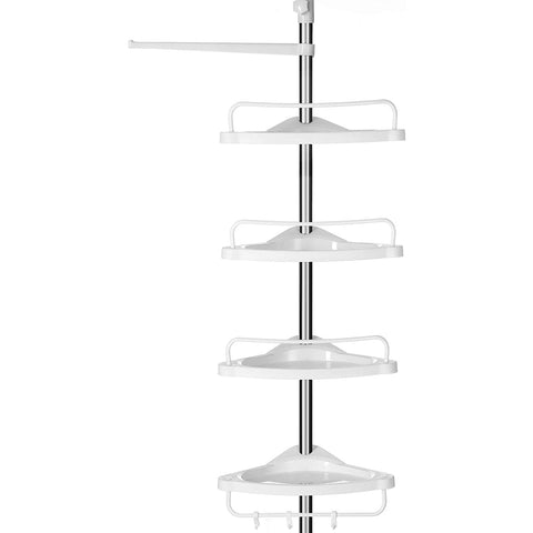Rootz Shower Rack - Shower Shelf - Bathroom Shelf - Adjustable Height - Corner - 95-300 cm - Stainless Steel - 4 Levels - 3 Hooks - White-Silver
