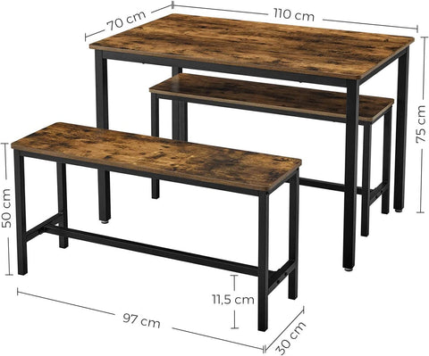 Rootz Eettafel - Keukentafelset met elk 2 banken (97 x 30 x 50) cm - Metalen frame - Industrieel ontwerp (110 x 70 x 75 cm)
