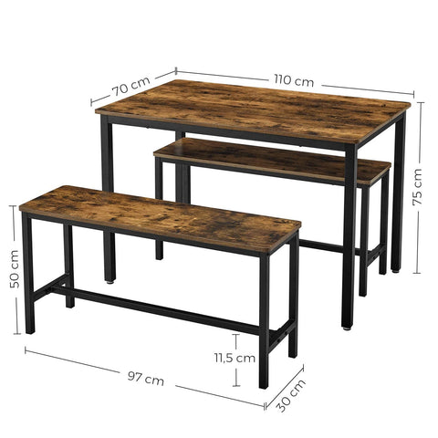 Rootz Eettafel - Keukentafelset met elk 2 banken (97 x 30 x 50) cm - Metalen frame - Industrieel ontwerp (110 x 70 x 75 cm)