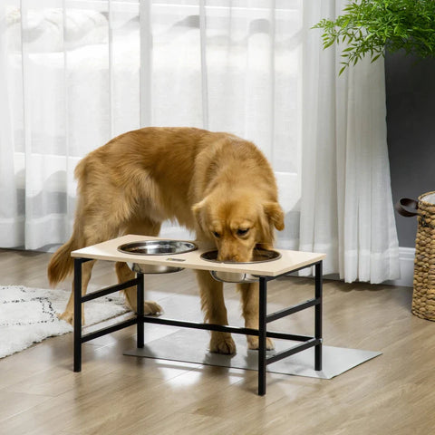 Rootz Feeding Station - 2 Removable Feeding Bowls - Height Adjustable - Bowl Base - Natural + Black + Silver - 60L x 33W x 31.5H cm