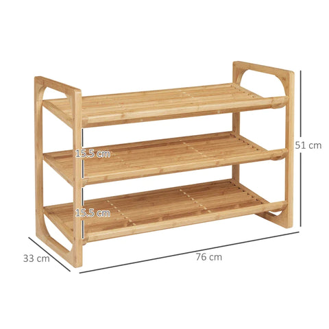 Rootz 3-tier Shoe Rack - Bamboo Shoe - Storage Organizer - Slatted Shelves - Free Standing Shoe - Raised Edges - Shelf Stand - 9 Pairs Of Shoes - Entryway - Hallway - Natural - 76 x 33 x 51 cm