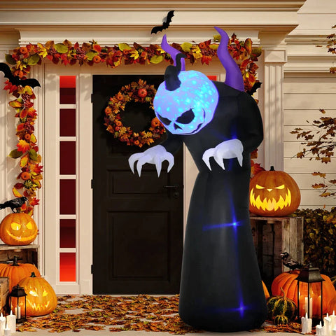 Rootz Halloween Decoration - Ghost With Pumpkin Head Halloween Decoration - Inflatable With Blue Flame Effect - Black - 88 x 79 x 210cm
