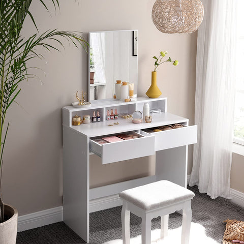 Rootz Dressing Table - Comestica Table - Make-Up Table - 2 Drawers - Mirror - Open Compartments - Processed Wood - White - 80 x 40 x 140 cm