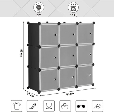 Rootz Aufbewahrungssystem – 9 Würfel – Organizer – Aufbewahrung – Kunststoff – Kunststoff – Schwarz – 93 x 31 x 93 cm