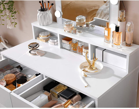 Rootz Dressing Table - Cosmetic Table - Mirror - Lighting - 2 Drawers - Open Compartments - White - Processed Wood - 80 x 40 x 145 cm