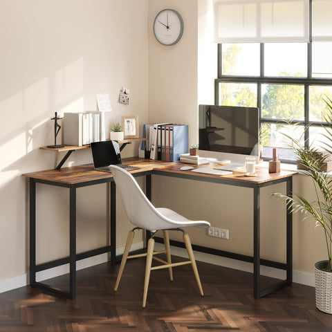 Rootz L-vormig bureau met schermstandaard voor studeren, gamen, werken - verstelbare poten - metalen frame - rustiek bruin - (140 x 130 x 76/91,5 cm)