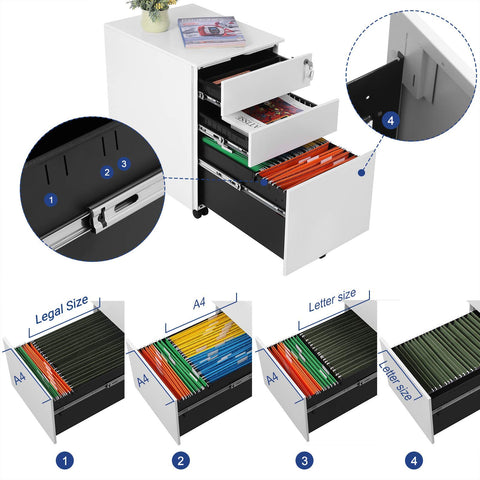 Rootz Lockable office cabinet with hanging file - Under desk with 3 drawer - Pre-assembled - For files and documents - White (52 x 39 x 60 cm)