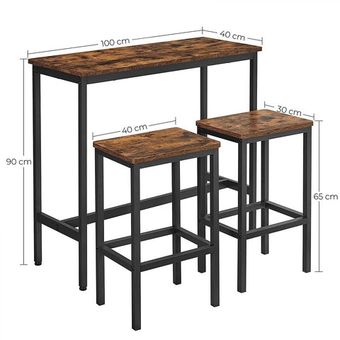 Rootz Bartisch-Set – Esszimmer-Set – Hochtisch – 2 Hocker – Braun – Schwarz – verarbeitetes Holz – Metall 