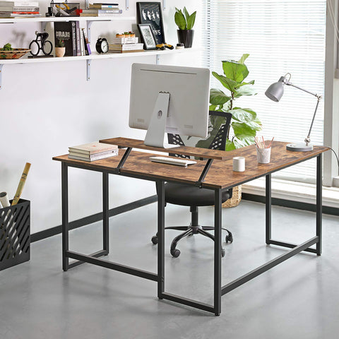 Rootz L-vormig bureau met schermstandaard voor studeren, gamen, werken - verstelbare poten - metalen frame - rustiek bruin - (140 x 130 x 76/91,5 cm)