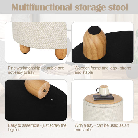 Rootz Hocker - Multifunctional Ottoman - Footstool with Storage - Seating Cube - Padded Stool - Furniture Storage Box - Cream White - Ø39x33 cm