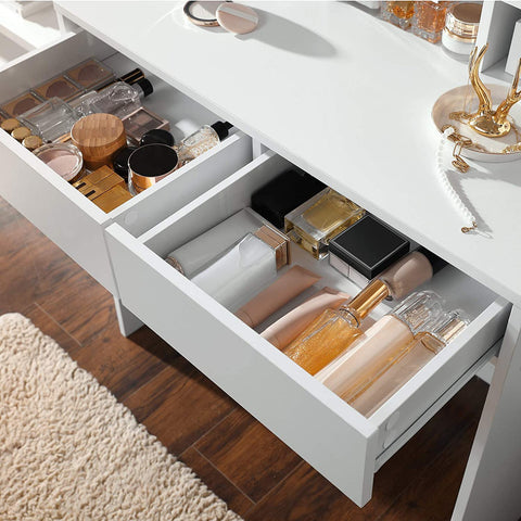 Rootz Dressing Table - Cosmetic Table - Mirror - Lighting - 2 Drawers - Open Compartments - White - Processed Wood - 80 x 40 x 145 cm