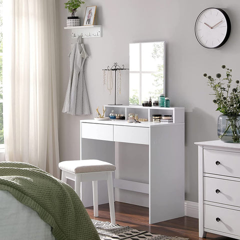 Rootz Dressing Table - Comestica Table - Make-Up Table - 2 Drawers - Mirror - Open Compartments - Processed Wood - White - 80 x 40 x 140 cm