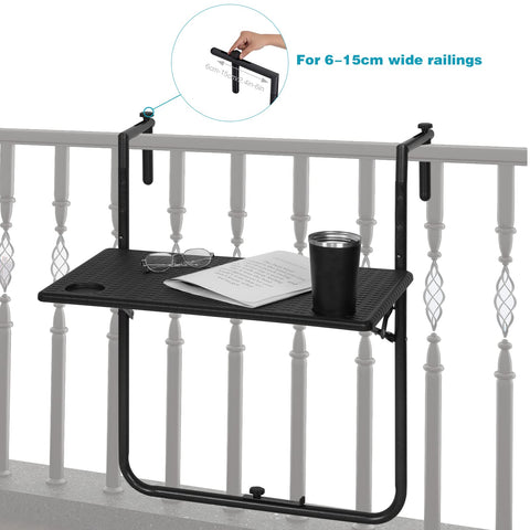 Rootz Hanging Balcony Table - Terrace Table - Deck Stand - Patio Desk - Outdoor Surface - Balustrade Counter - Rail Furniture - Black - 60x36 cm