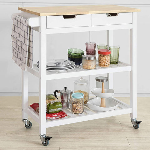 Rootz Küchen-Aufbewahrungswagen, Servierwagen, Küchenregal mit Gummiholzplatte, 2 Schubladen, 2 Ablagen