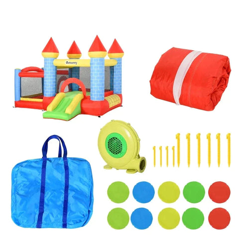Rootz Aufblasbare Hüpfburg mit Rutschenbecken – Kinderburg mit Gebläse – Rot + Blau + Grün – 280 x 260 x 210 cm